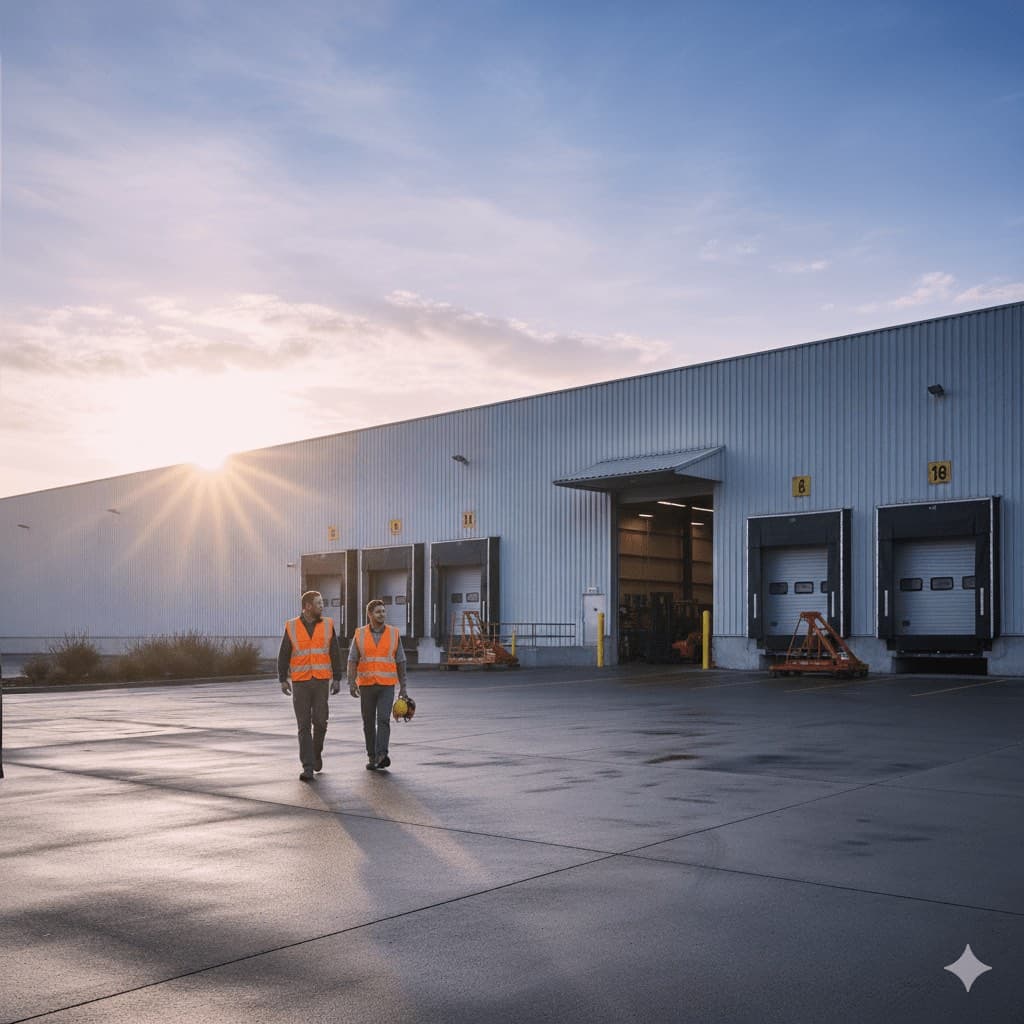 Warehouse team in safety vests outside loading docks at sunrise