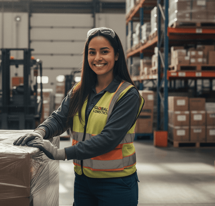 Advanced HAZMAT Training - Smiling logistics coordinator preparing a secured pallet in a warehouse