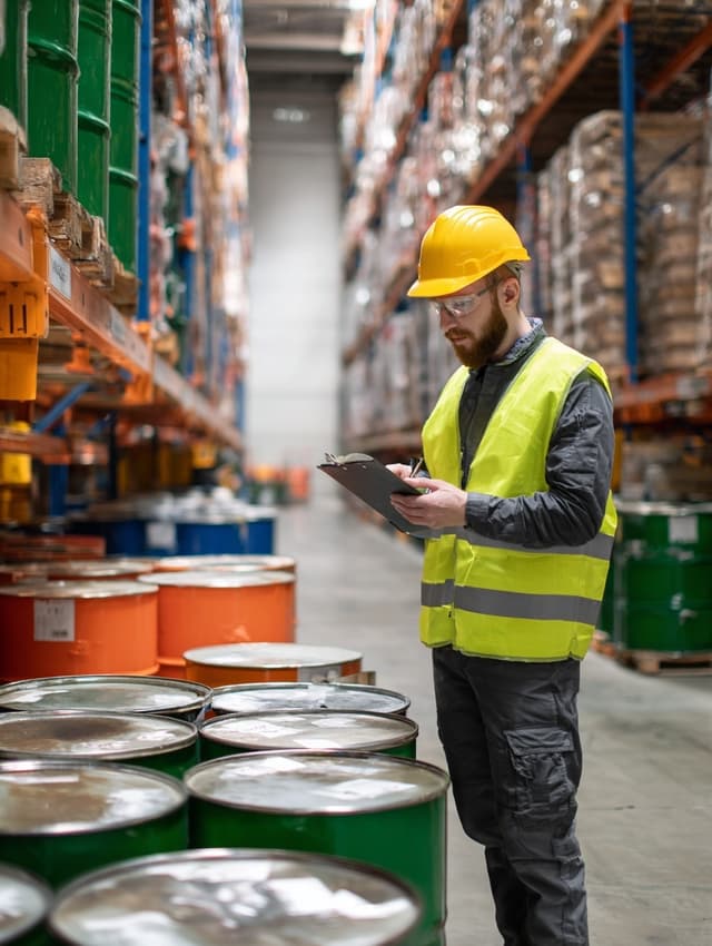 Advanced HAZMAT Training - Experienced worker in safety gear conducting compliance inspection of chemical drums in warehouse