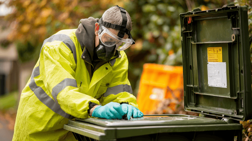 EPA RCRA Hazardous Waste Training - Worker in full protective gear safely handling and labeling hazardous waste containers
