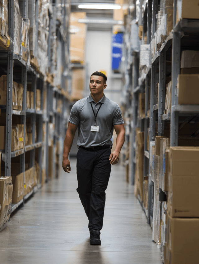 DOT HAZMAT General Awareness Training - Warehouse employee in business attire walking through warehouse aisle