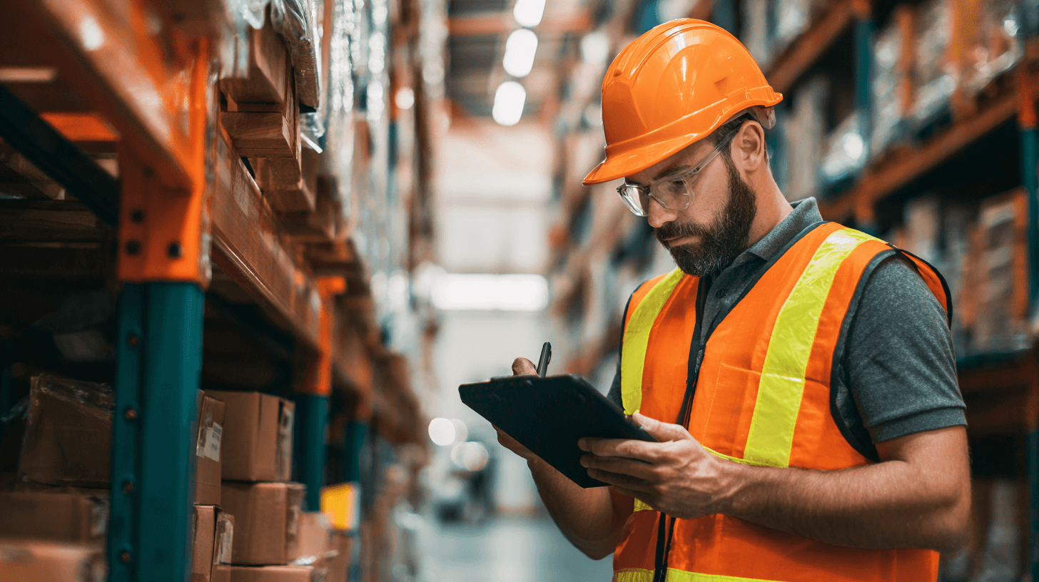 Professional warehouse worker in safety gear using tablet for training