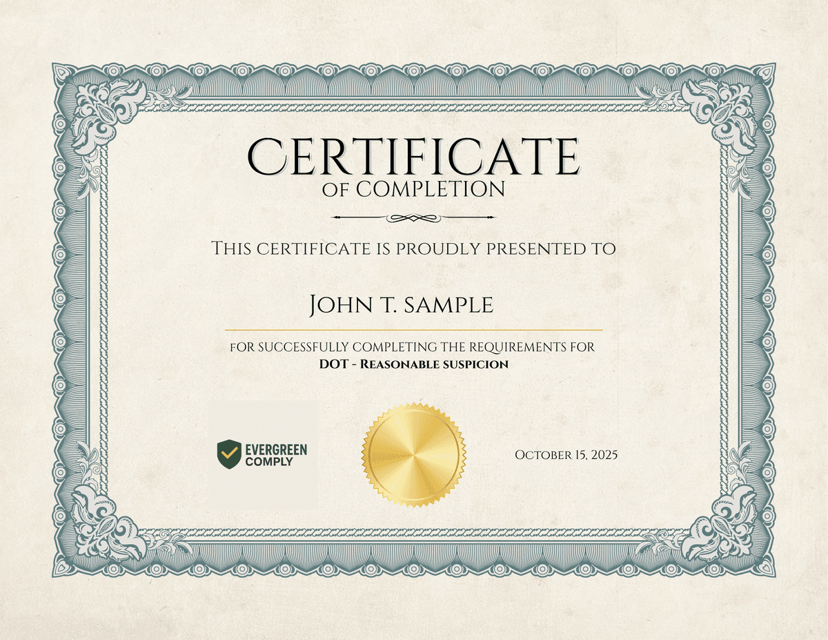 DOT Reasonable Suspicion training certificate preview