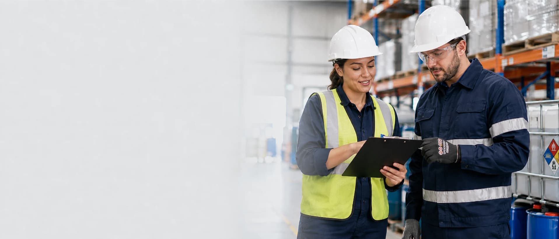 Hazardous materials professionals reviewing shipping documentation in a warehouse