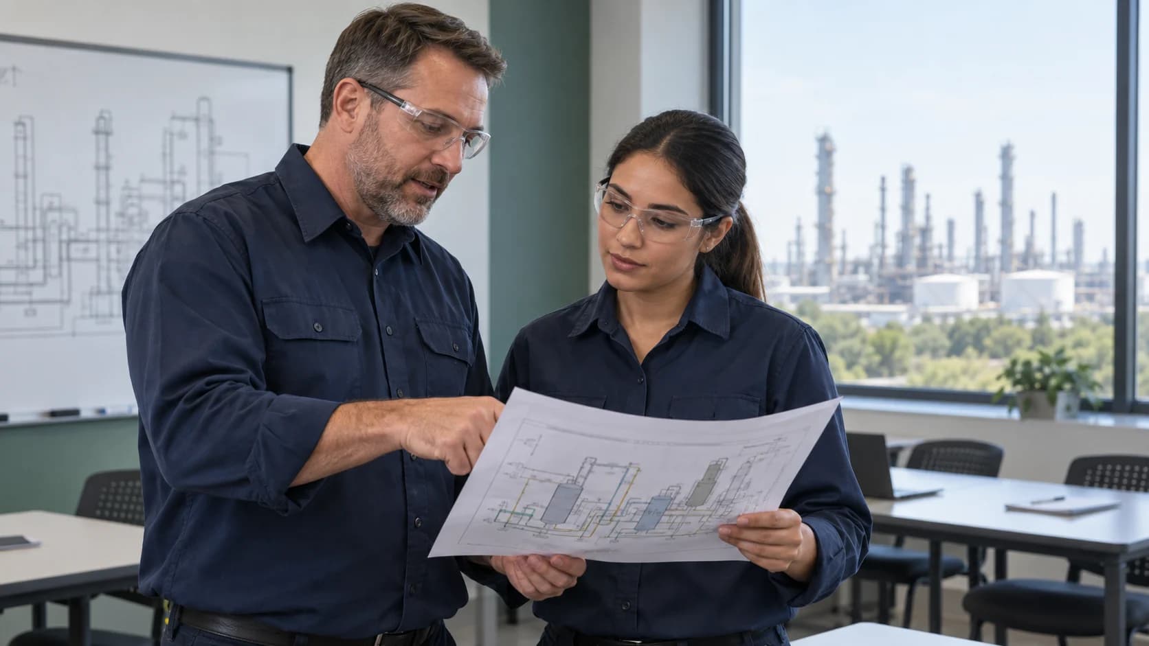 Instructor and industrial employee reviewing a process diagram in a clean training room