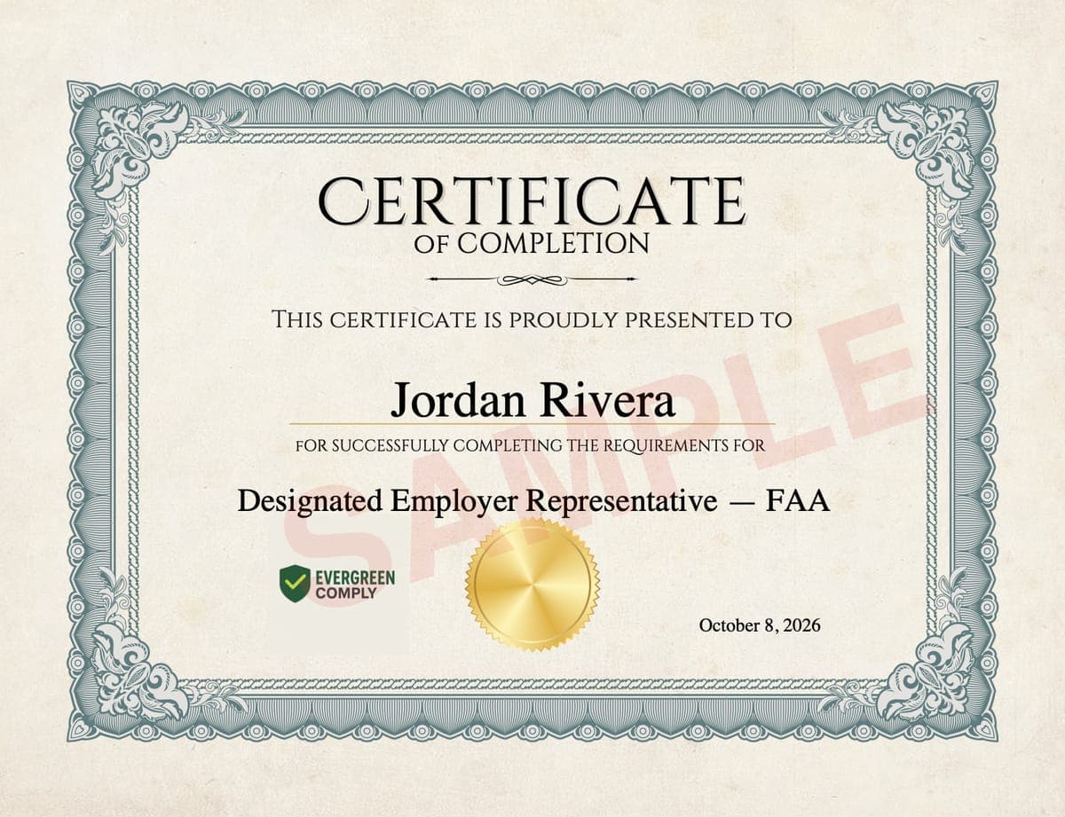 Ejemplo de certificado de finalización del curso DER FAA para un participante ficticio