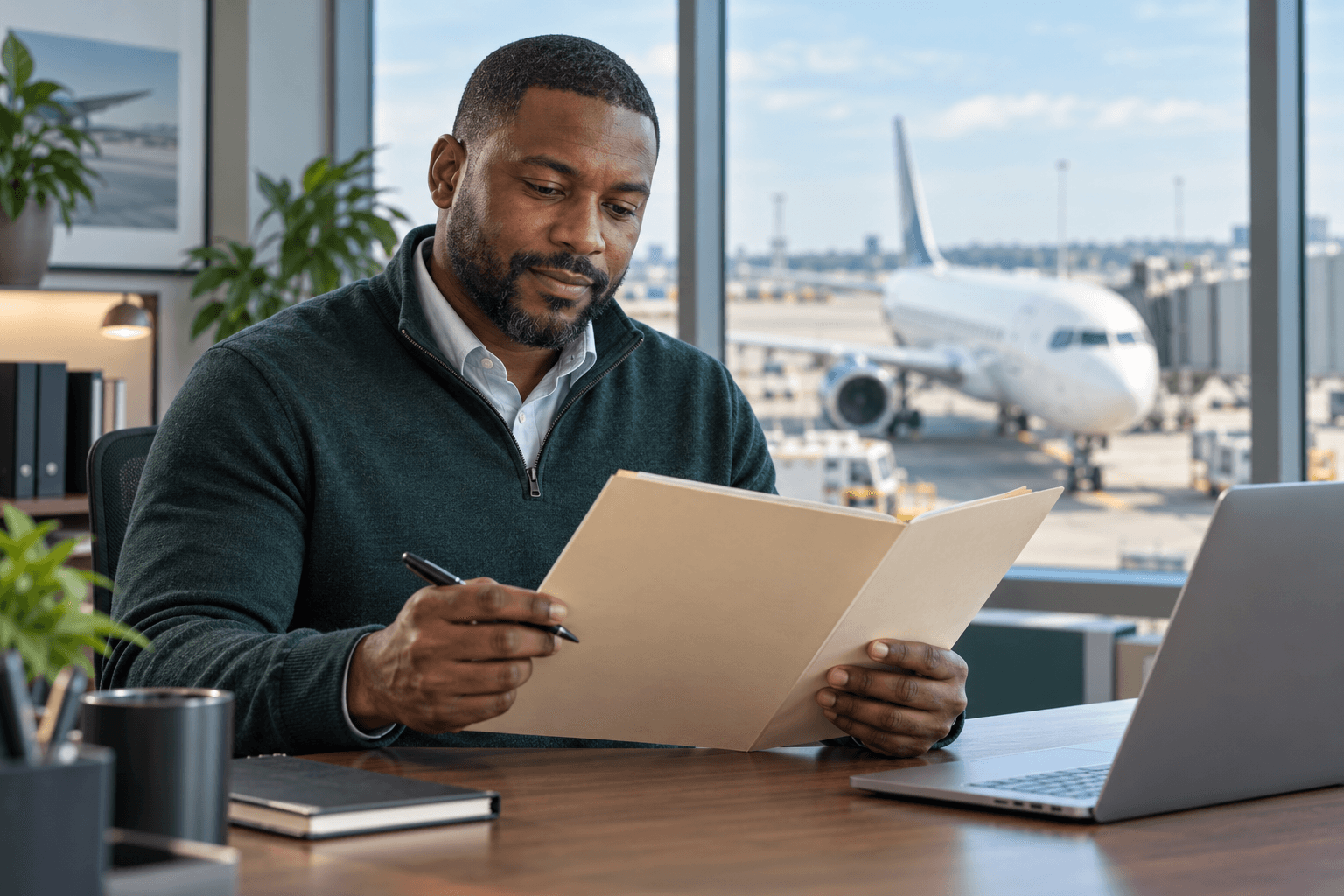 Aviation program administrator reviewing records in an airport office