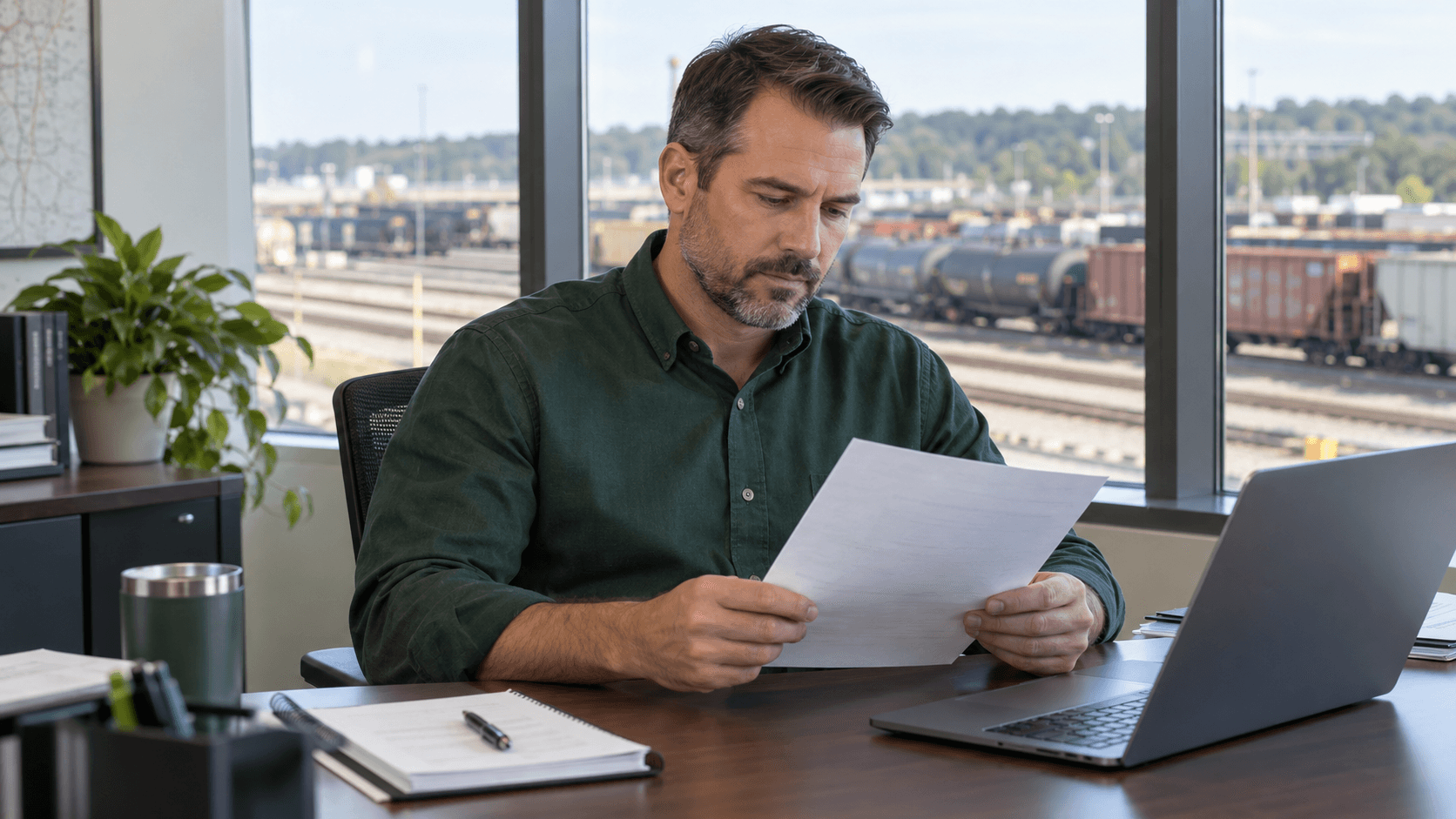 Railroad program administrator reviewing records in an office overlooking a rail yard