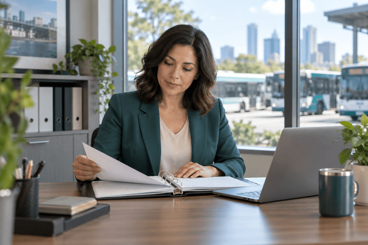 Transit program administrator reviewing records in an office overlooking buses