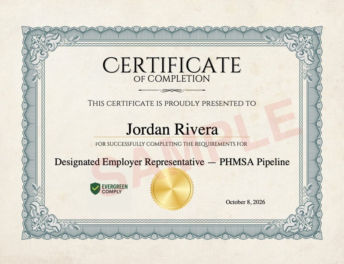 Ejemplo de certificado de finalización del curso DER PHMSA (tuberías) para un participante ficticio