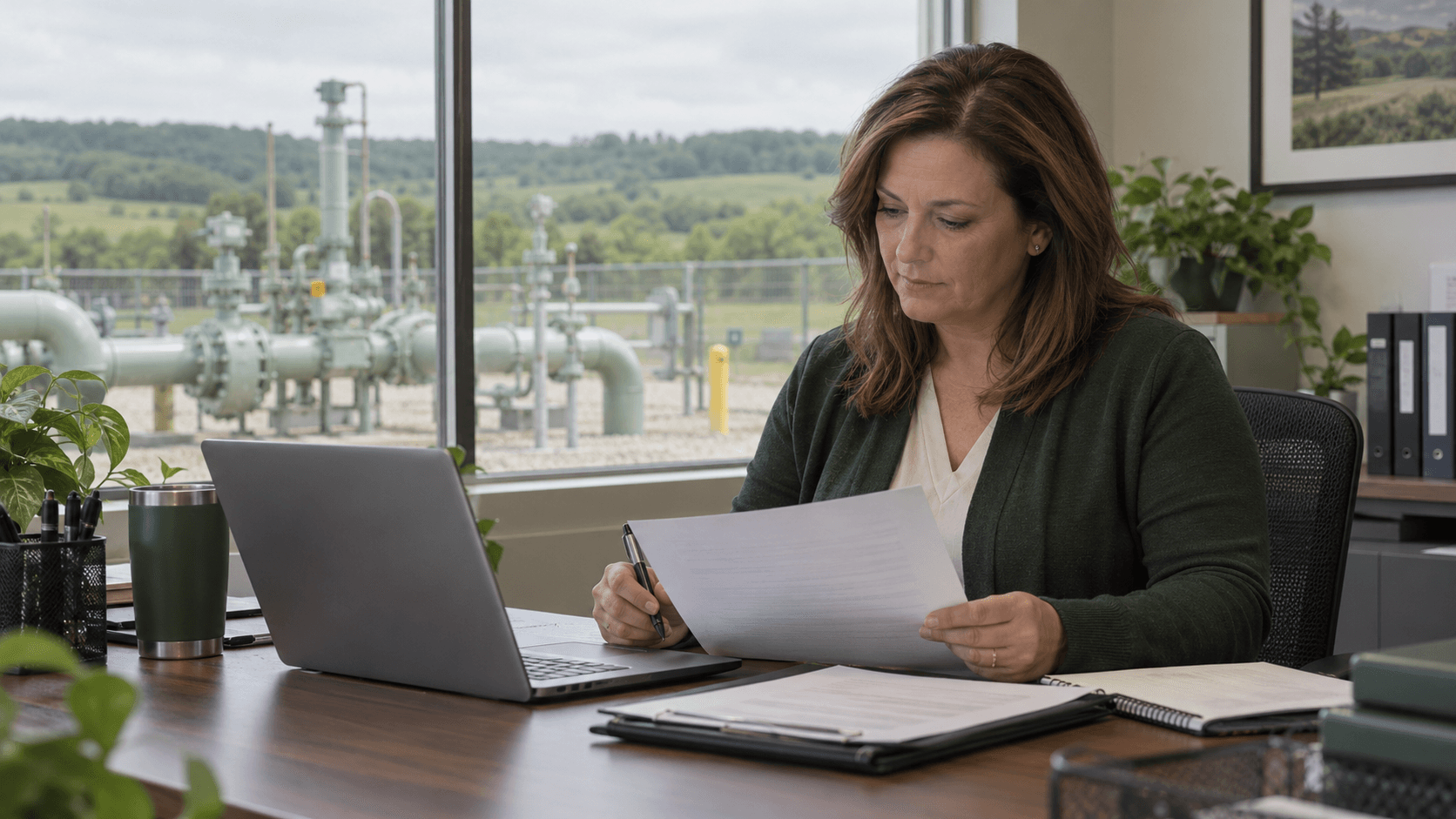 Pipeline program administrator reviewing testing program records