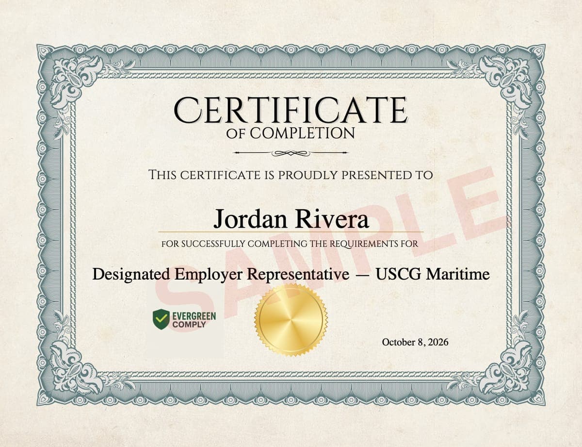 Ejemplo de certificado de finalización del curso DER USCG (sector marítimo) para un participante ficticio