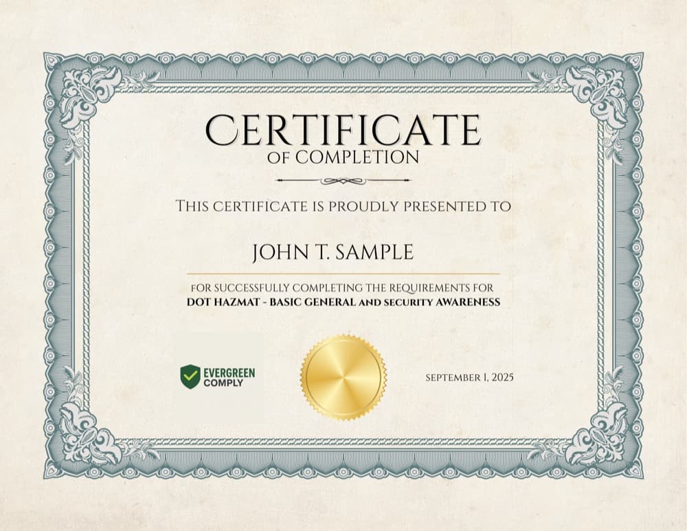 DOT hazmat training certificate preview