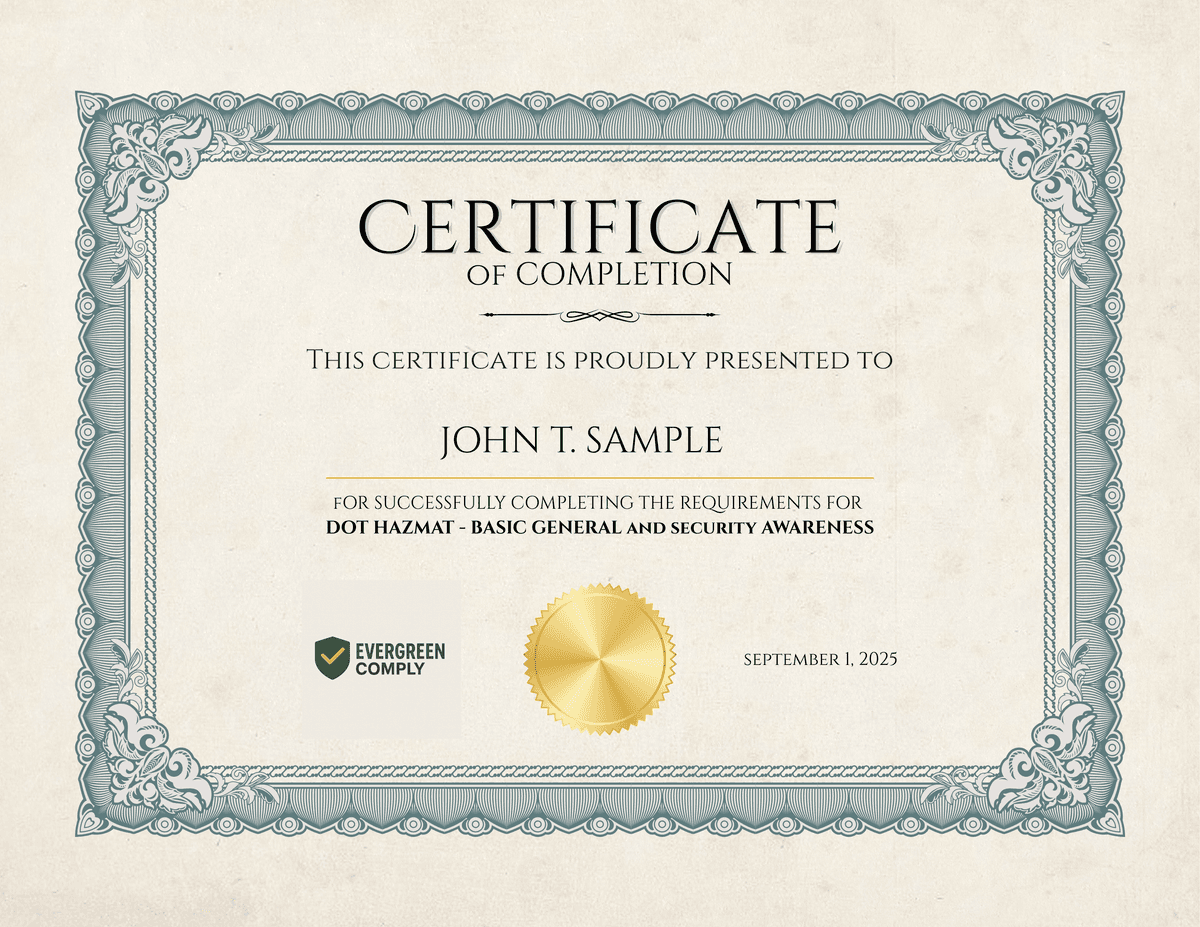 DOT hazmat training certificate preview