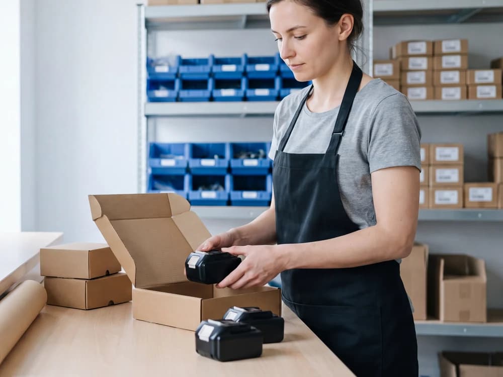 Shipping associate preparing lithium battery products for compliant packaging