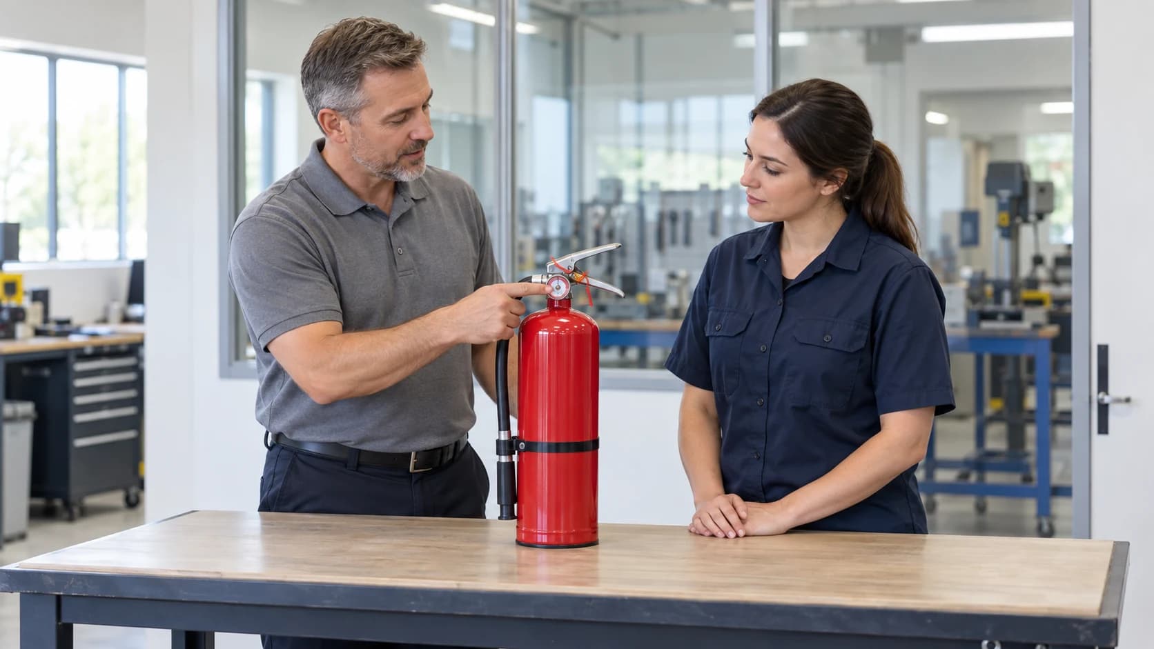 Instructor explaining a portable extinguisher pressure gauge to an employee in a safe training room