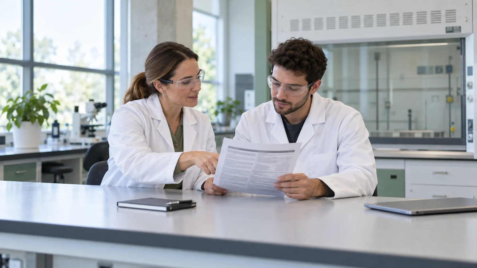 Laboratory instructor and employee reviewing a safety data sheet in a clean training room