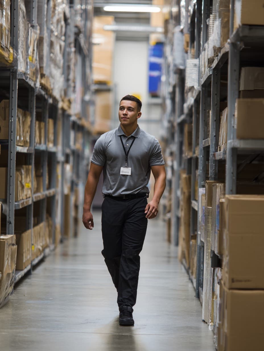 Warehouse employee walking through a distribution aisle