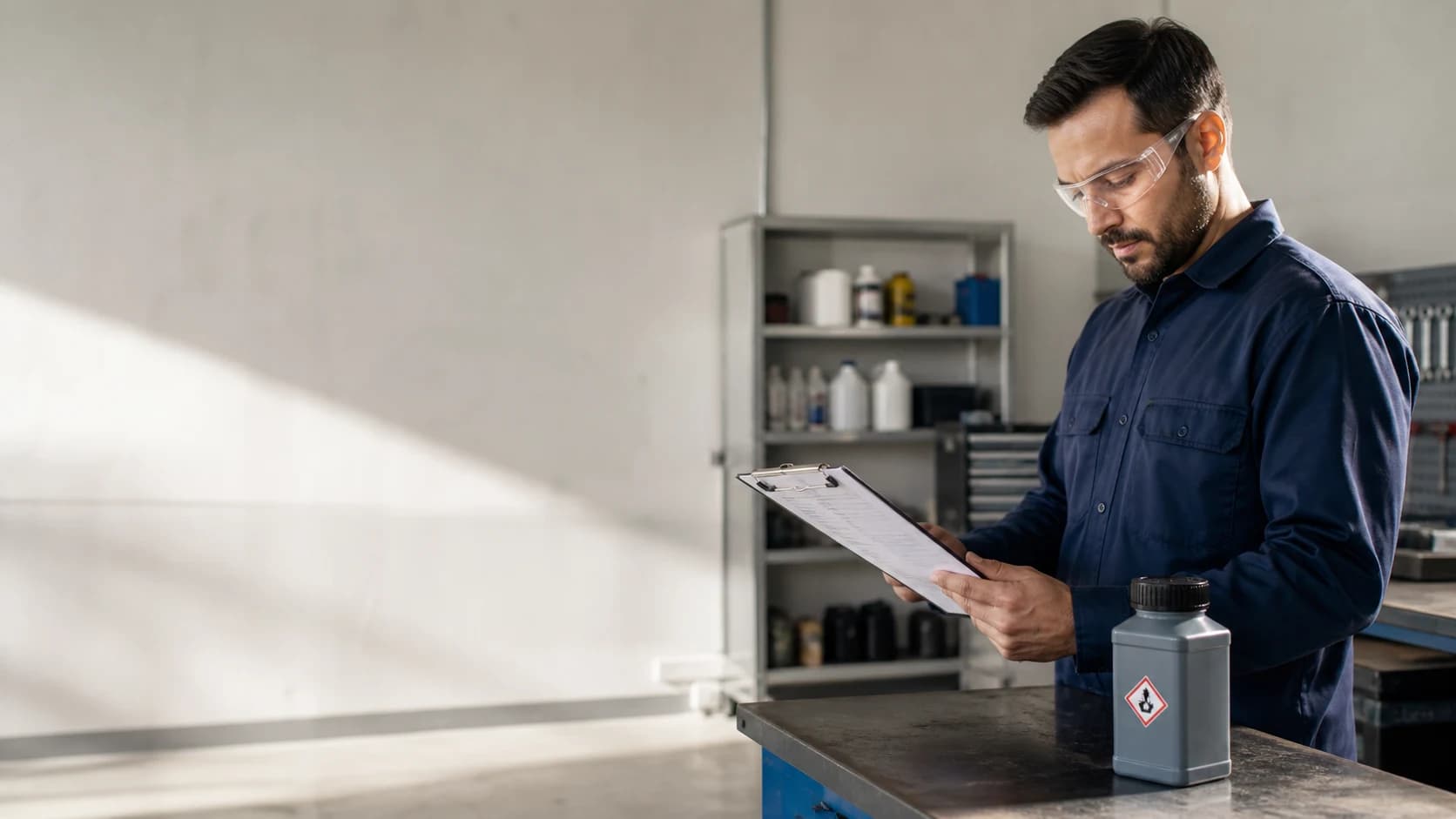 Employee reviewing chemical safety information beside a closed container