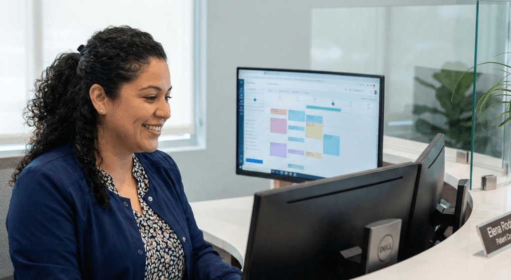 Healthcare administrator working securely at a computer