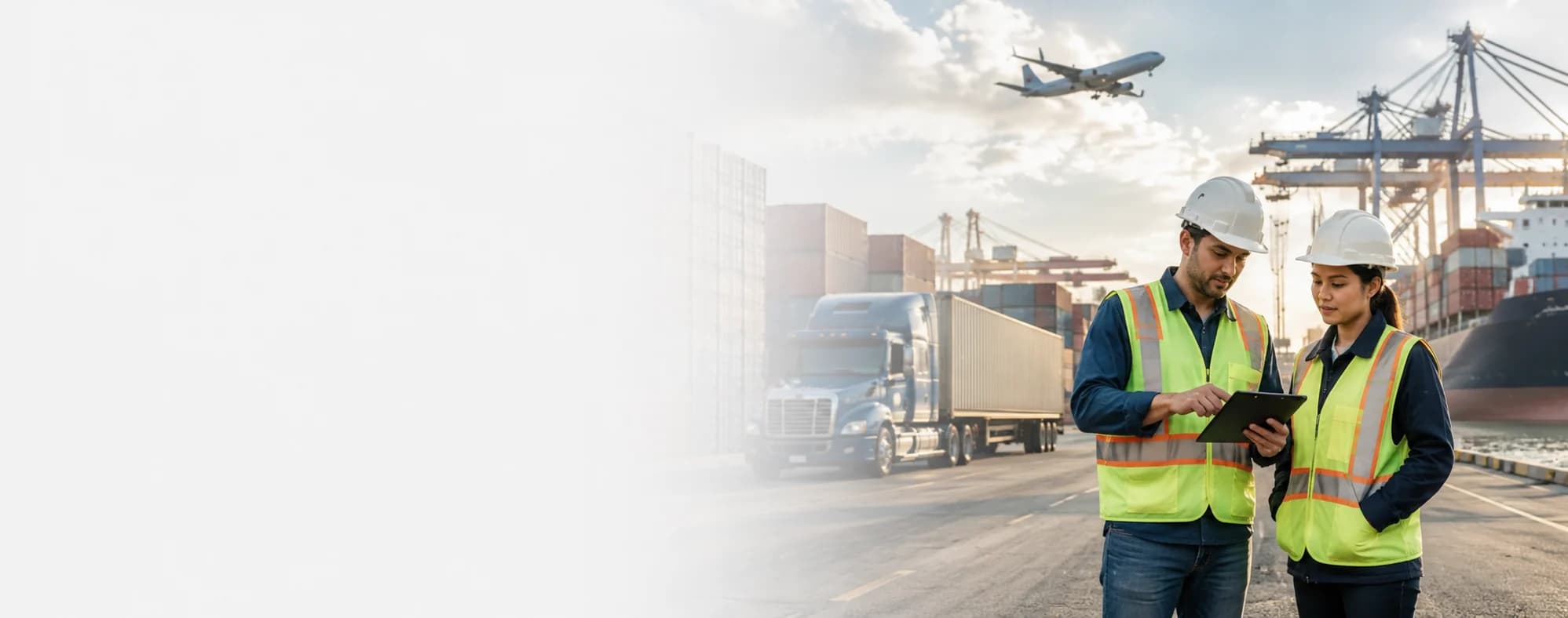 Transportation compliance professionals reviewing operations at a freight port