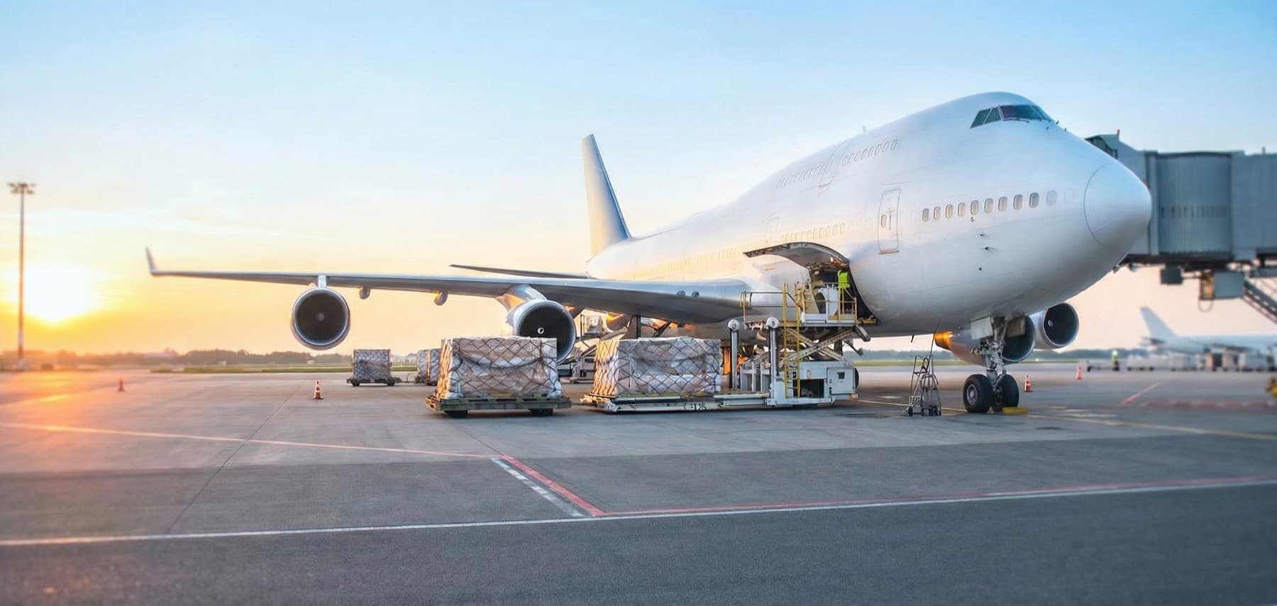 Cargo aircraft and palletized freight on an airport apron