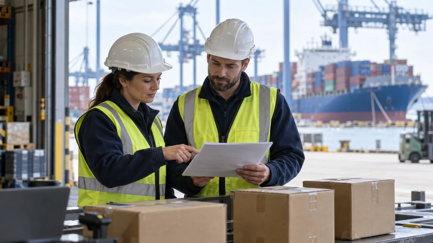 Two port coordinators reviewing shipment paperwork beside packaged cargo, with a vessel and cranes behind them