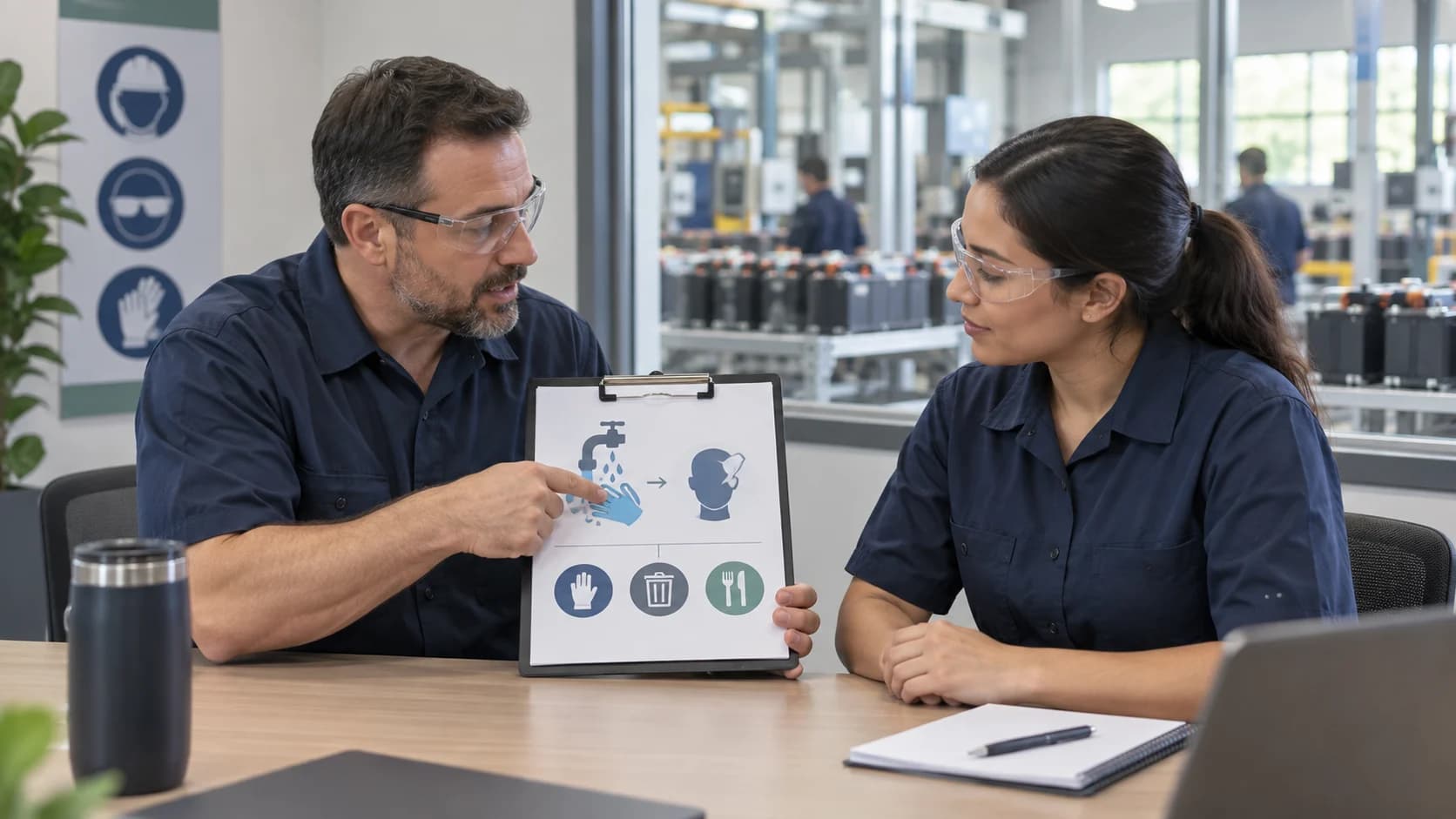 Manufacturing instructor and employee reviewing a workplace hygiene diagram in a clean training room