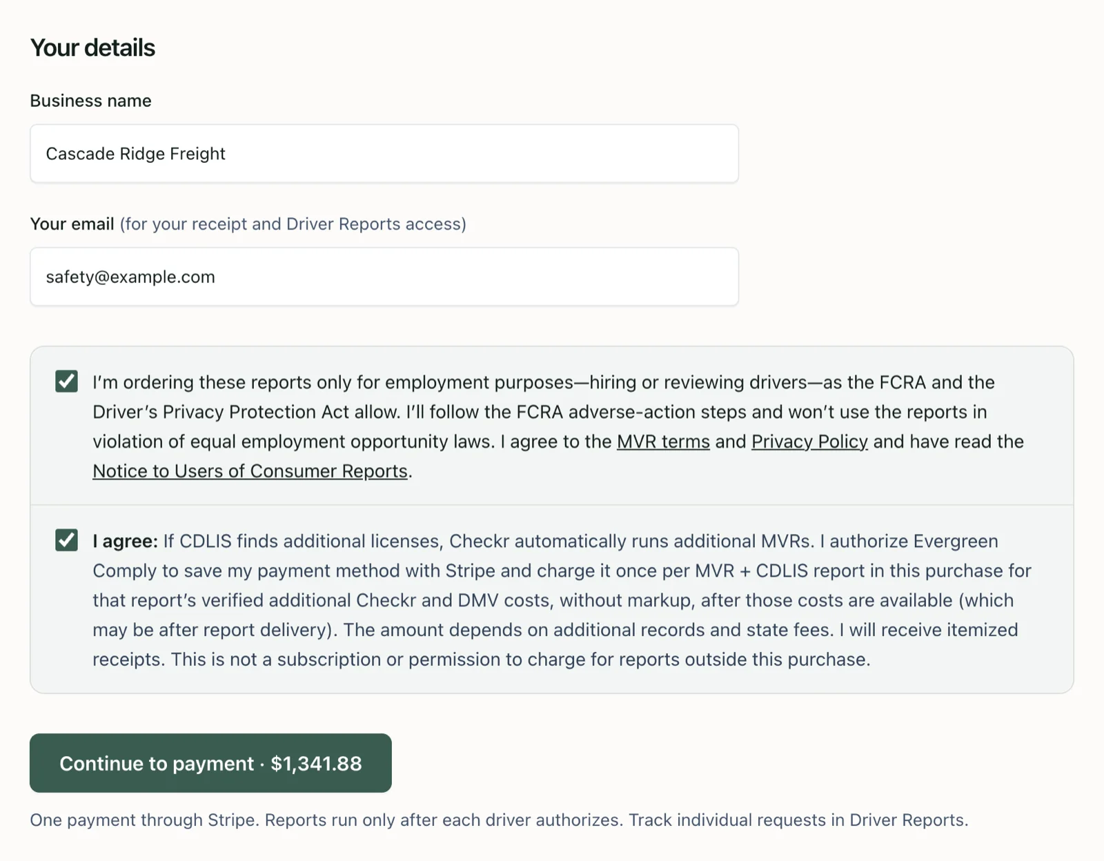 Business details, authorization checkboxes and the payment button
