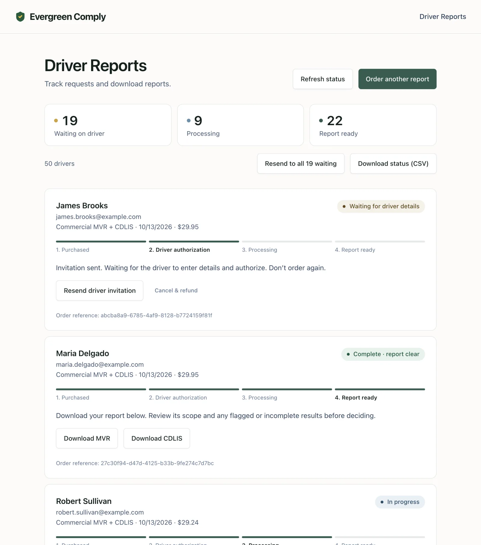 Driver Reports with 19 waiting, 9 processing and 22 ready, plus Resend to all and Download status buttons