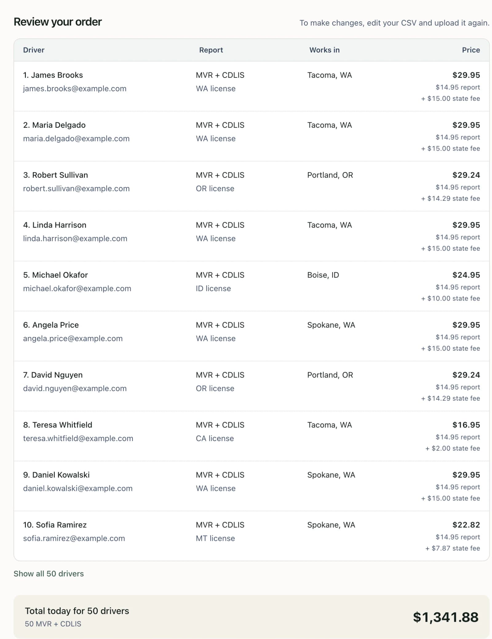 Fifty drivers listed with per-driver prices and the order total