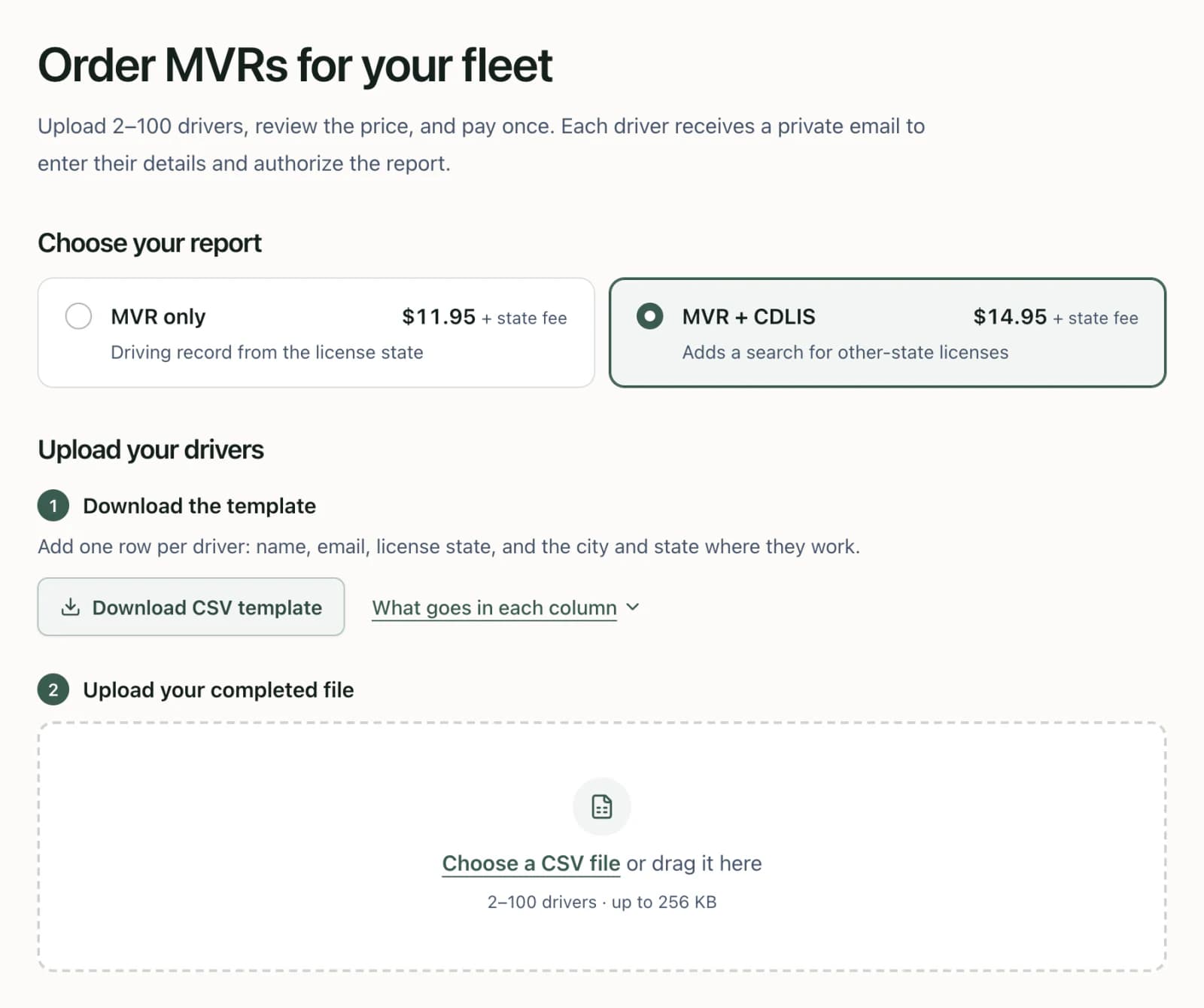 The bulk order page: choose a report, download the template, upload the file