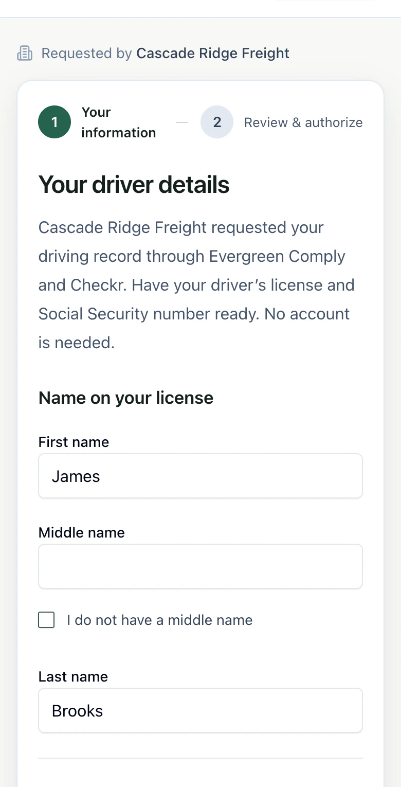 Step 1 of the driver form with the name filled in