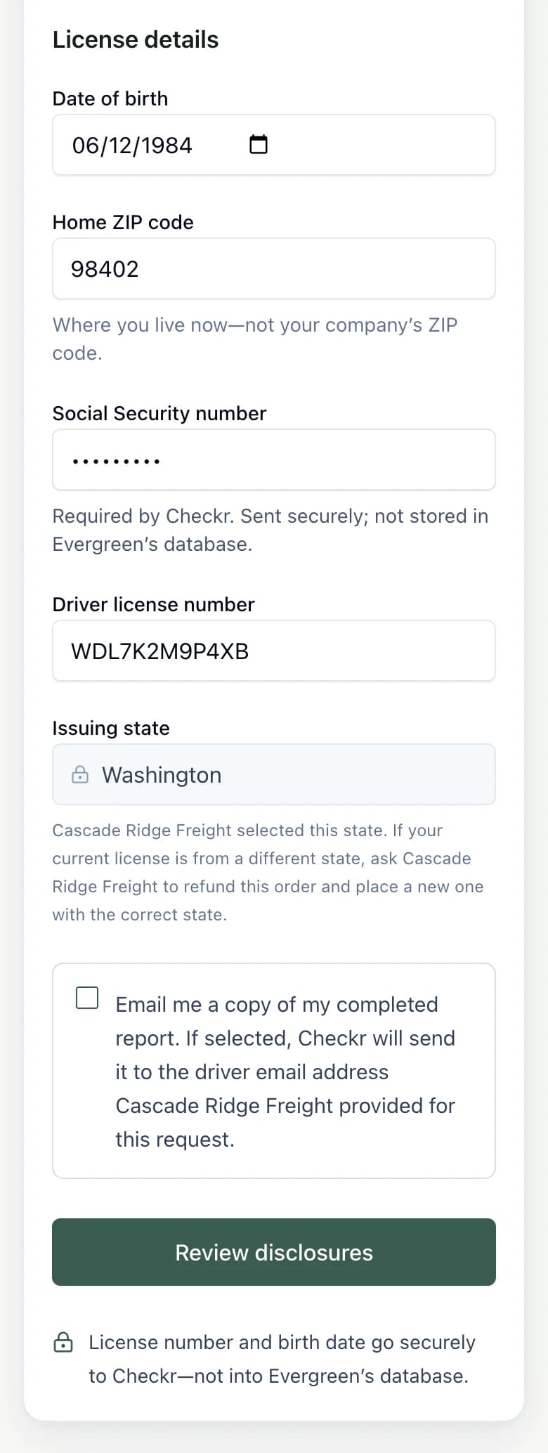 License details, the locked license state and the Review disclosures button