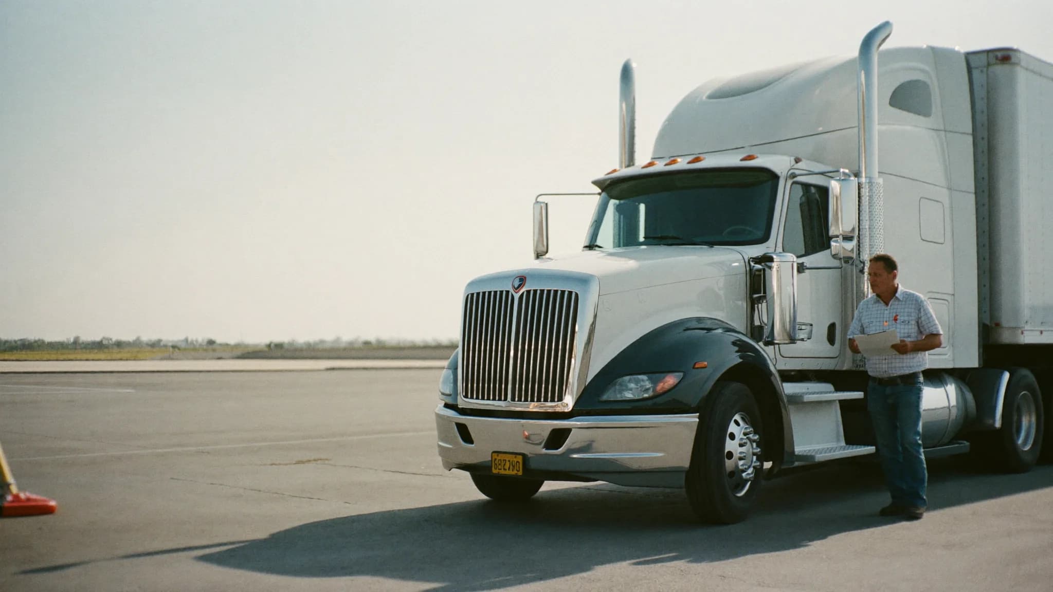 Owner-operator standing beside his truck with compliance records