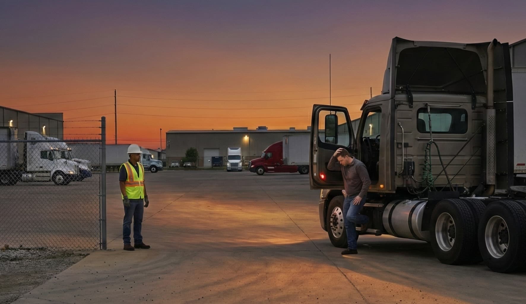 Supervisors in high-visibility vests reviewing a safety checklist near fleet vehicles