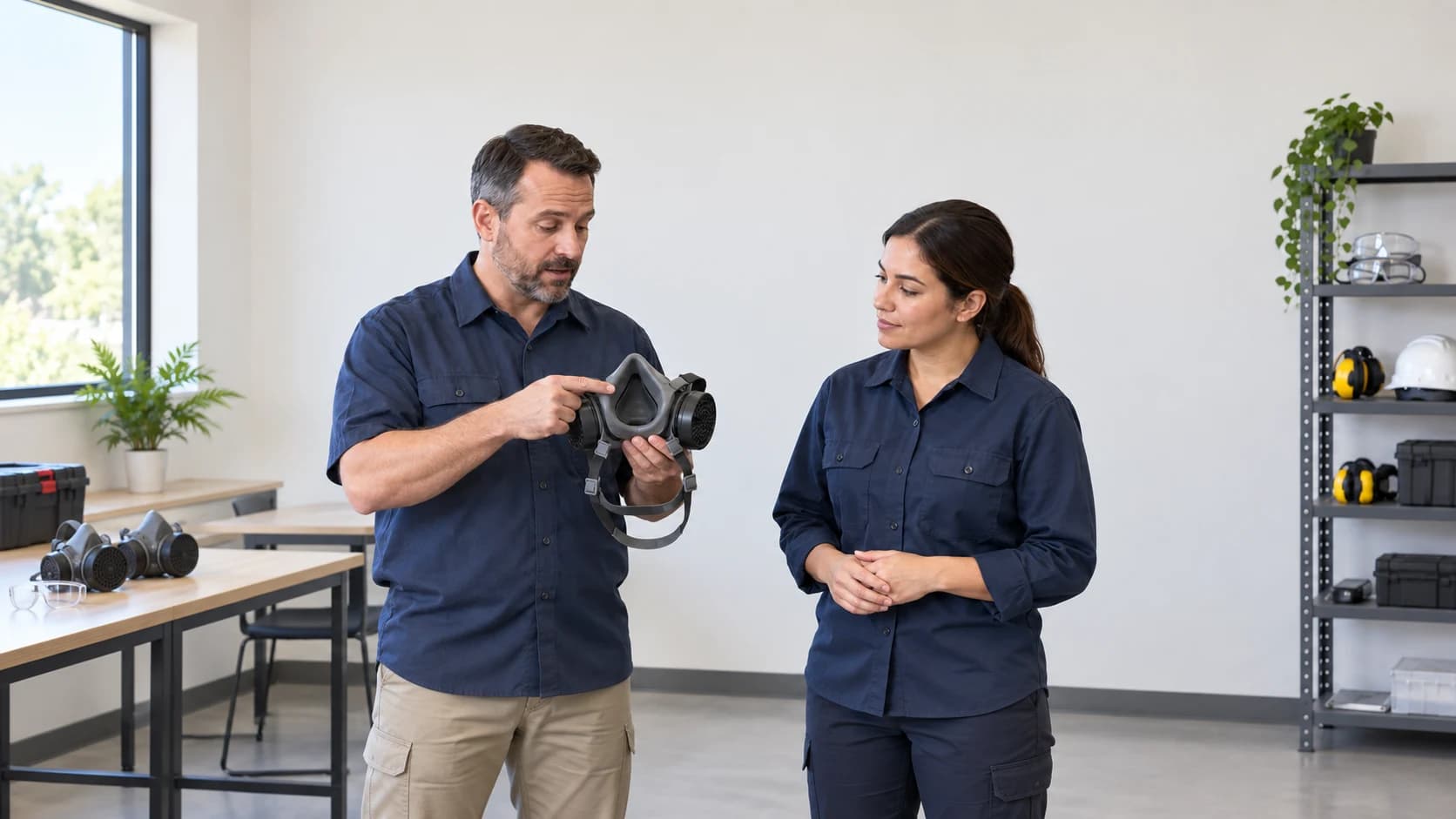 Safety instructor explaining a respirator face seal to an employee in a clean training room