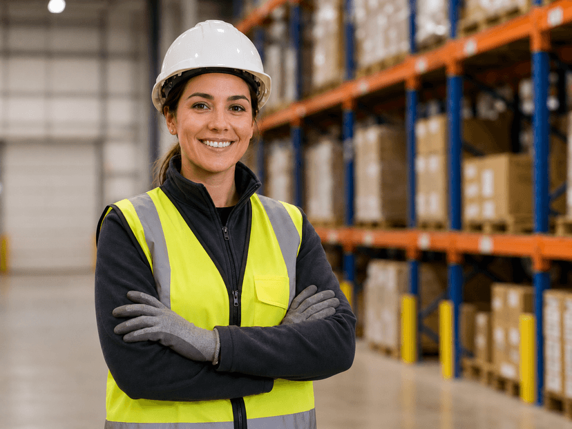 Excepted lithium battery shipping training - warehouse employee wearing a hard hat and high-visibility vest near packaged goods